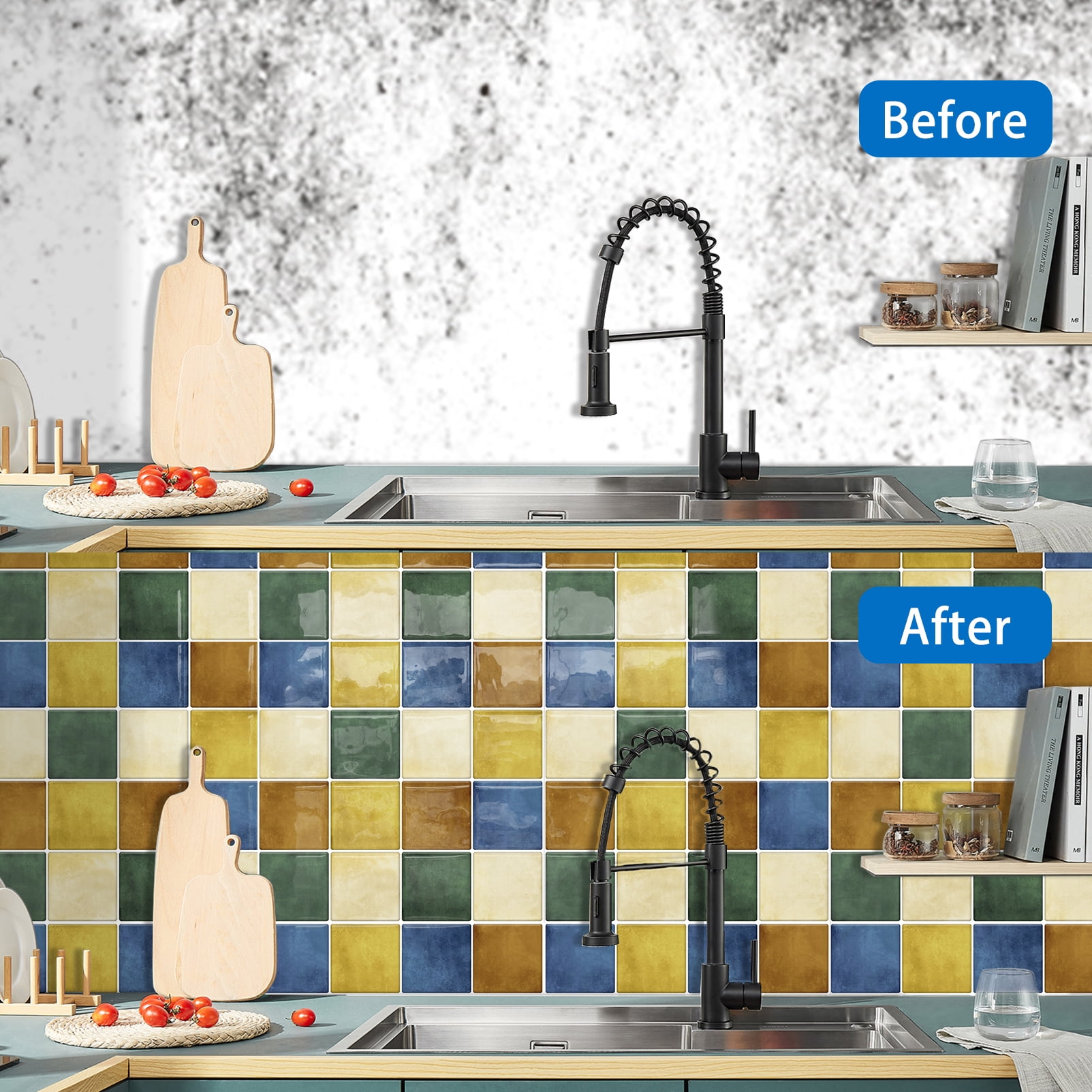 DEWOO Thick Square Kitchen Peel and Stick Backsplash Mosaic Tiles Square Self Adhesive Wall Tile Checkerboard Checkered Stickers,Multicolor (10-Sheet,12"x12")