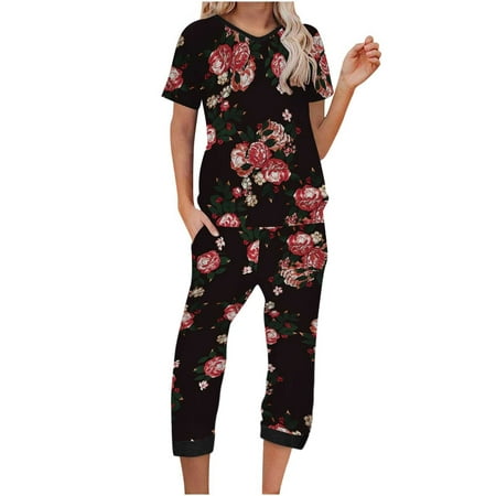 

Hfyihgf Women s Sleepwear Capri Pajama Sets Floral Print Short Sleeve Two-Piece Pjs V Neck Cozy Lounge Sets Tops & Capri Pants with Pockets(Black M)