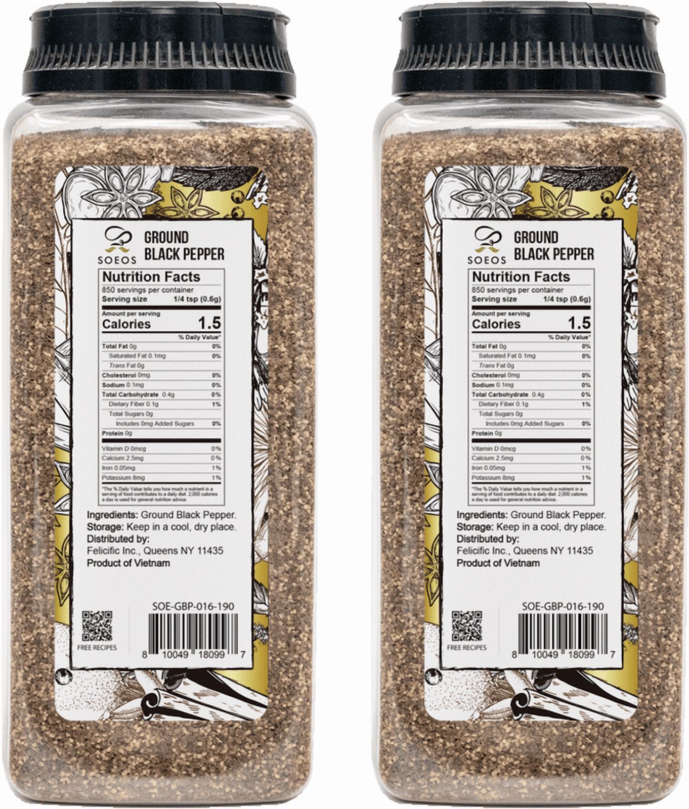 Soeos Table Ground Black Pepper - 2 Pack (36 oz Total)