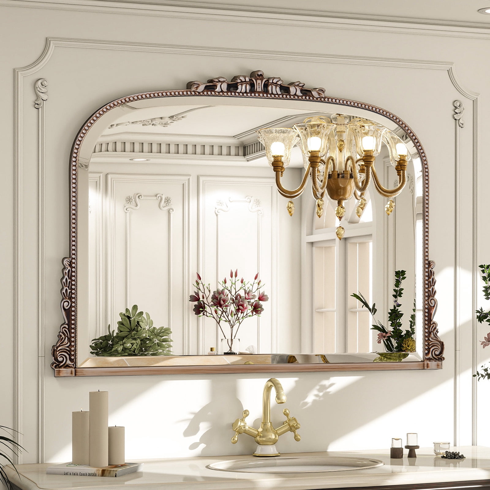 Puremirror 36"x27" Antique Arched Bathroom Mirror Wall Mounted Vintage Mirror, Silver