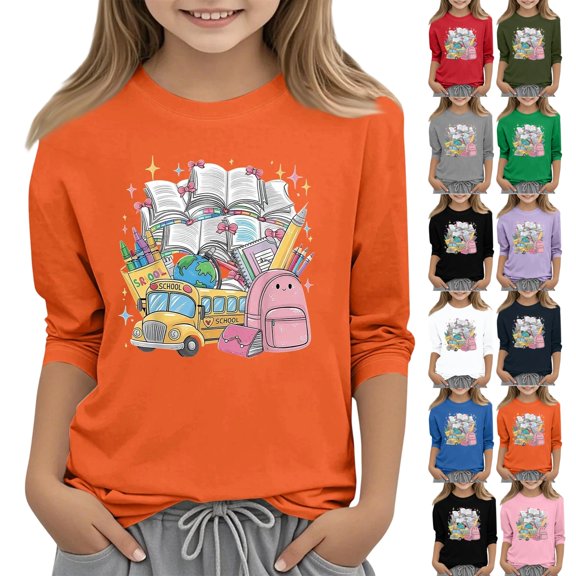 Back To School Clothes Cute Shirts for Kids Girls 3/4 Length Sleeve Funny Book Pencil Girls Shirts Crew Neck Casual Big Sister Outfit Blouse T-Shirt Saffron 11-12 Years
