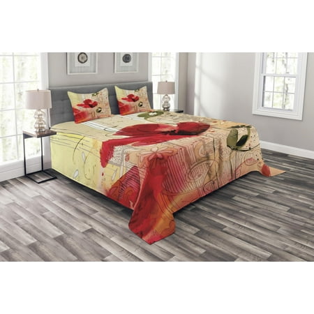 Vibrant Red Poppies Flower Bedspread Set, Red Poppy Flower Paint Brush Effect Beige Floral Fabric Digital Art Print, Decorative Quilted Coverlet Set with Pillow Shams Included, Red Peach and Beige, by Ambesonne ()
