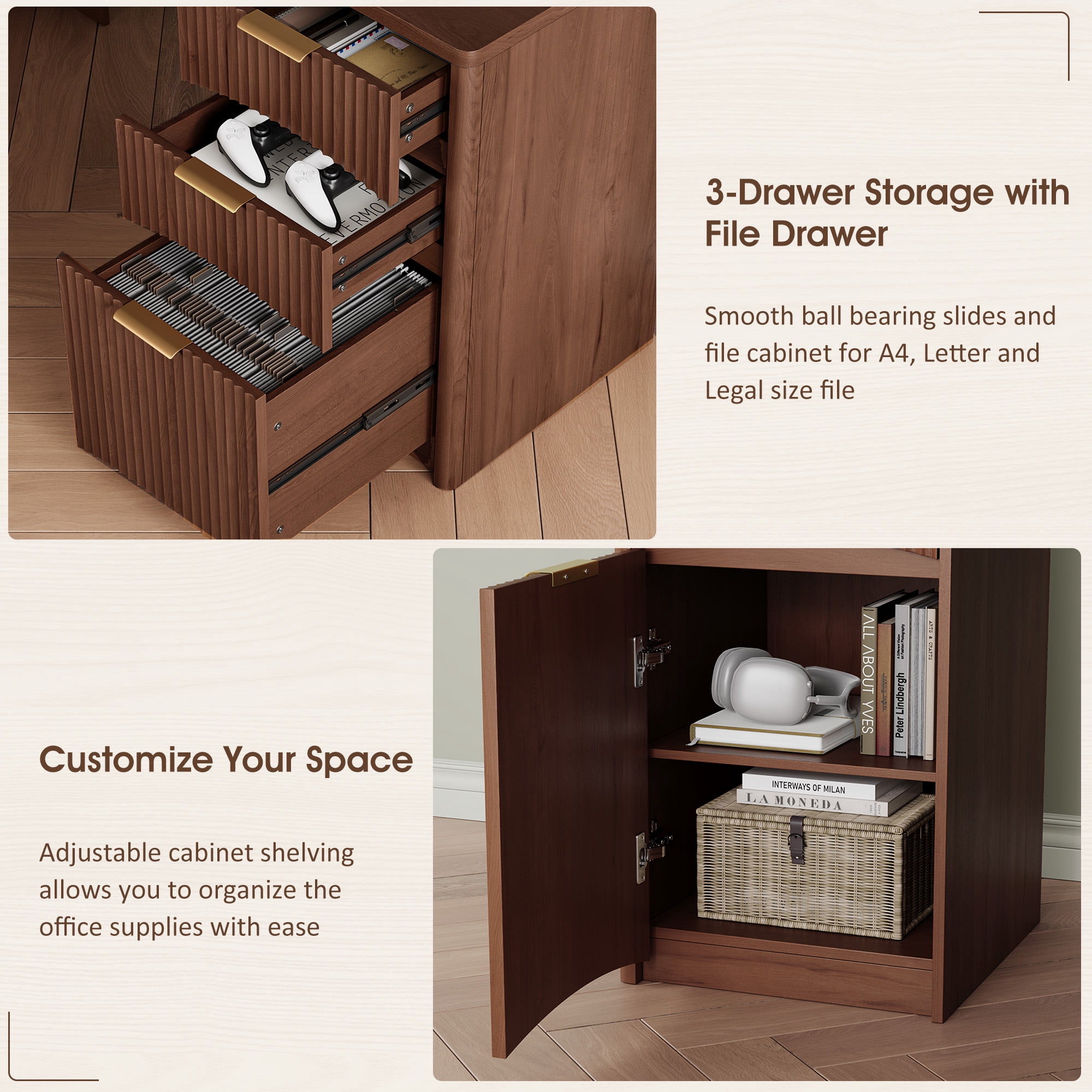 63'' Fluted L Shaped Desk with Drawers, Corner Computer Desk with Storage, Modern Executive Home Office Desk with File Cabinet and Charging Station, Walnut