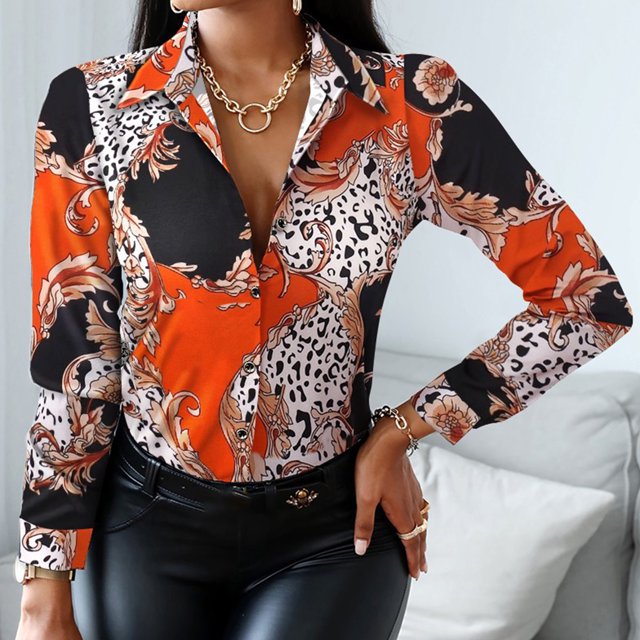 Camisas De Verano Camisas casuales para mujer Camisa de solapa con estampado de oficina Blusa superior con botones (Naranja S) Cgtredaw Para estrenar