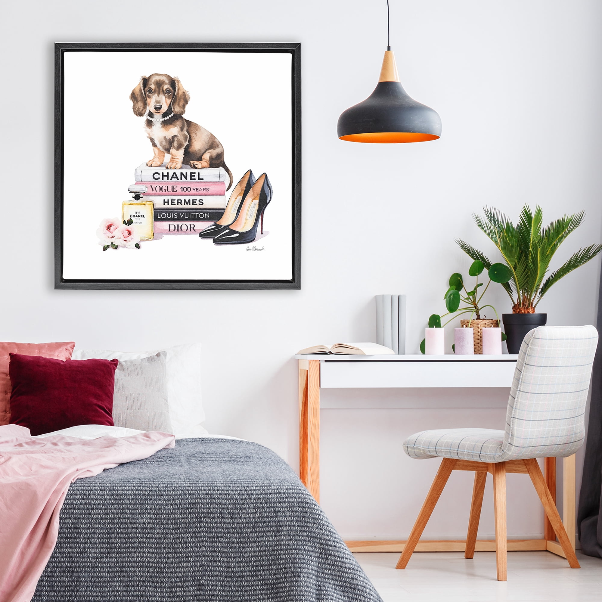 Stupell Industries Luxury Fashion Books & Dog Black Framed Floater Canvas Wall Art, design by Amanda Greenwood