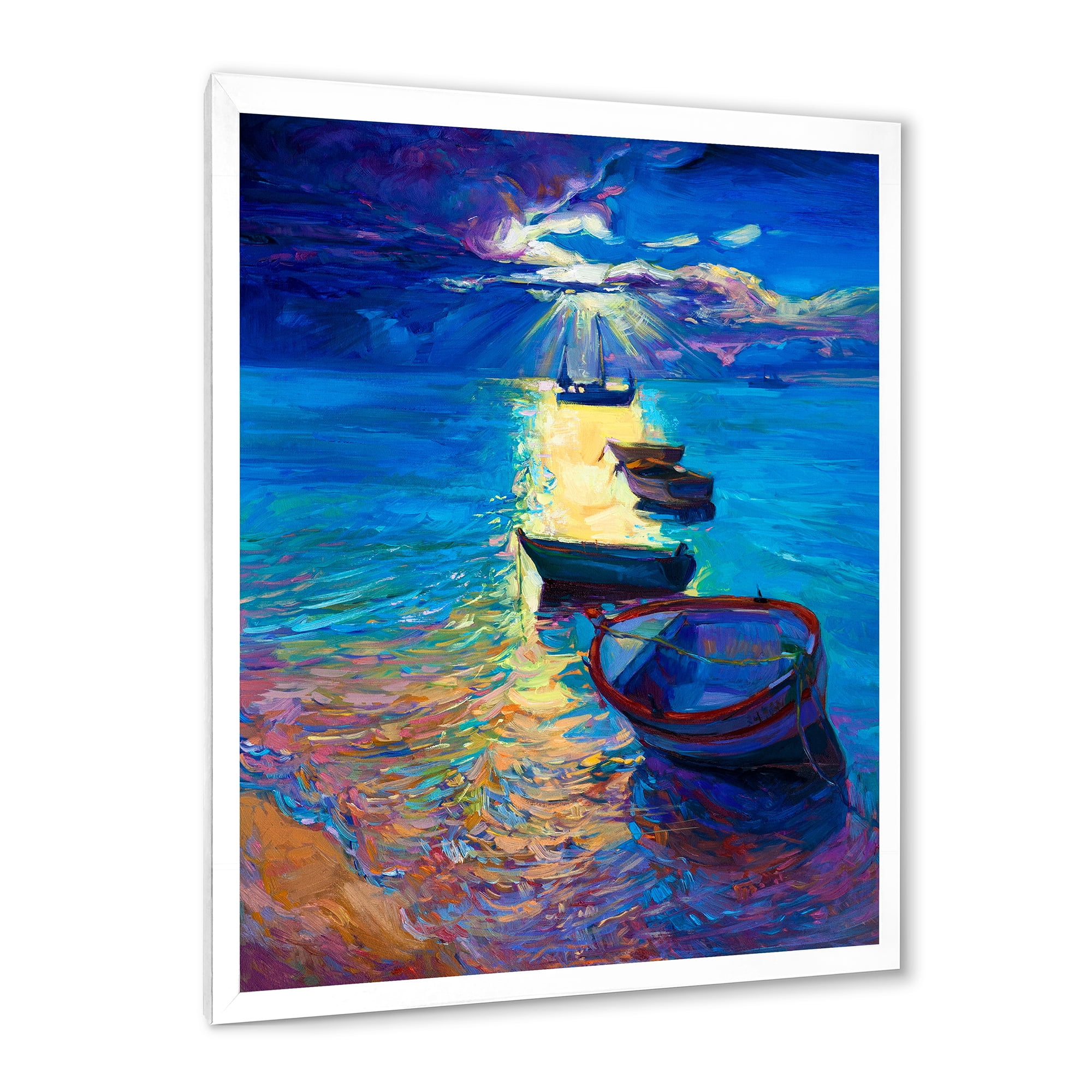 Designart 'Fishing Boats On The Water With Dark Blue Sky Illustration' Lake House Framed Art Print
