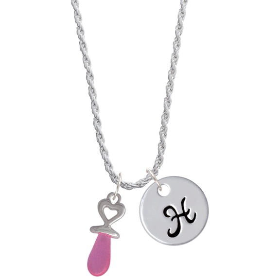 Delight Jewelry Silvertone 3-D Pink Baby Pacifier Silvertone Script Initial Disc - H - Charm Necklace, 20"+3"
