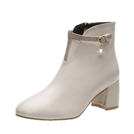 

KBKYBUYZ Womens Comfy Solid Boots Zipper Women Round Head Midheel Boots Shoes