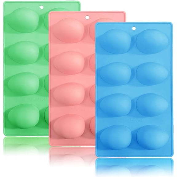 Easter Egg Silicone Molds, 3-Pack 8-Cavity 3D Egg Shape Baking Molds, BPA-Free Non-Stick Tray for Chocolate, Cake and Soap Making, 9.8 x 5.8 Inches