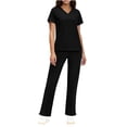 thumbnail image 2 of Scrub Sets for Woman Plus Size Short Sleeve V-Neck Solid Color Nursing Medical Uniform Top and Pants 2 Pieces with Pockets Black XL, 2 of 8