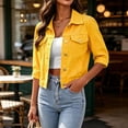thumbnail image 5 of FDGIU Women's Lapel Button Down Cropped Denim Jacket, Three Quarter Sleeve Solid Jean Coat with Chest Flap Pockets for Spring Summer Casual Daily Layering, 5 of 7