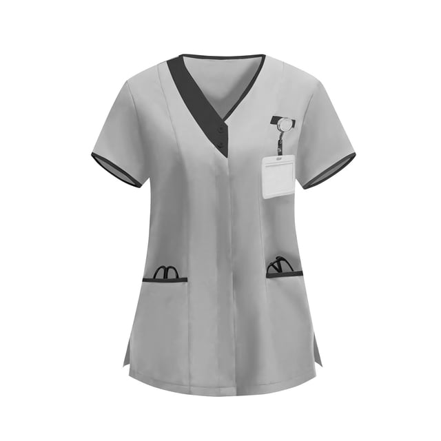 Blusas médicas para mujer, modernas, con bloques de color, de manga corta, informales, con cuello en V y botones, con bolsillos