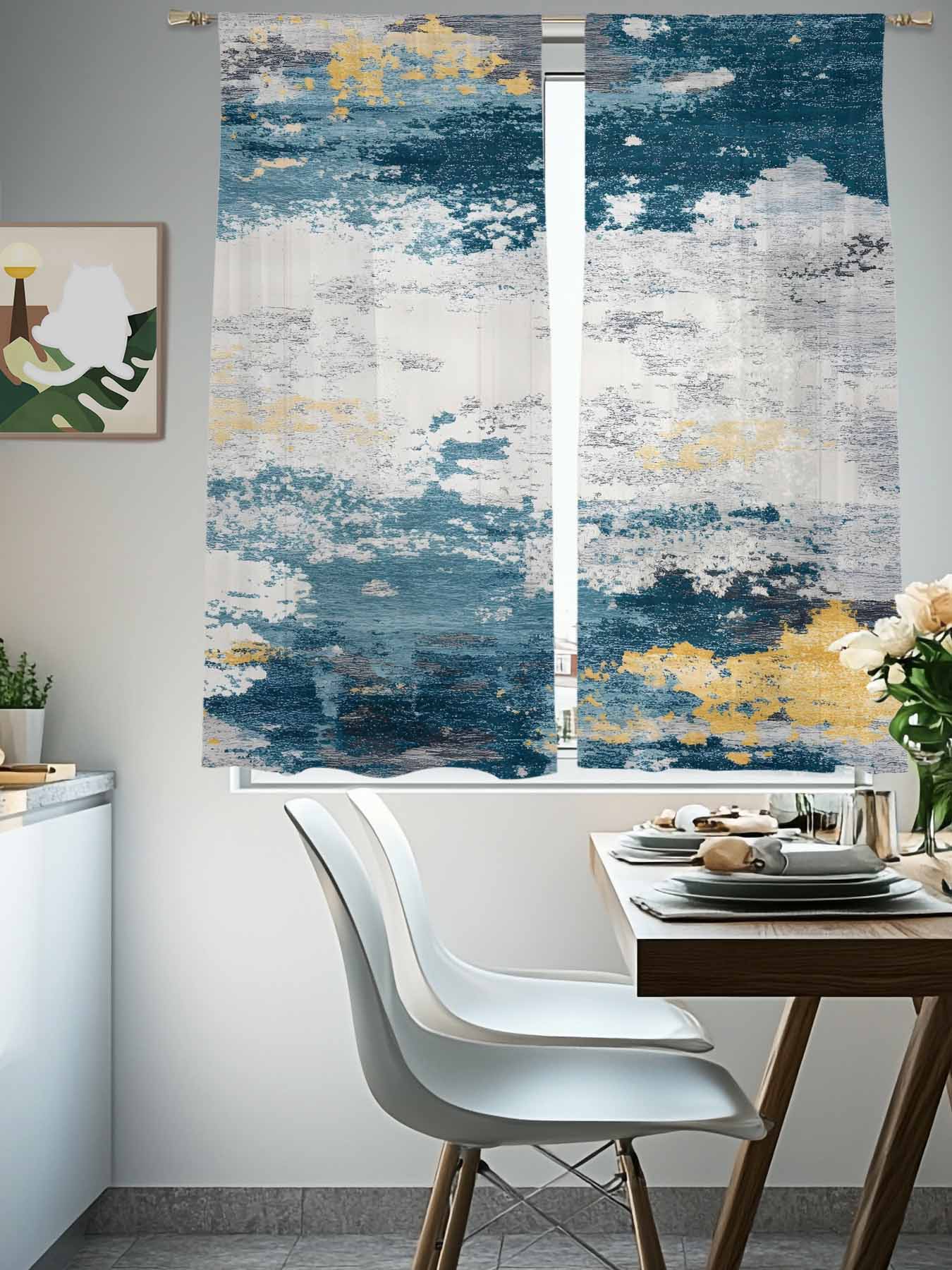 Navy Gold Gray Sheer Curtains for Living Room Bedroom, Abstract Art Mottled Old Gradient Color Light Filtering Sheer Curtains, Rod Pocket Voile Window Drapes, 2 Panels Set 52"x 63"