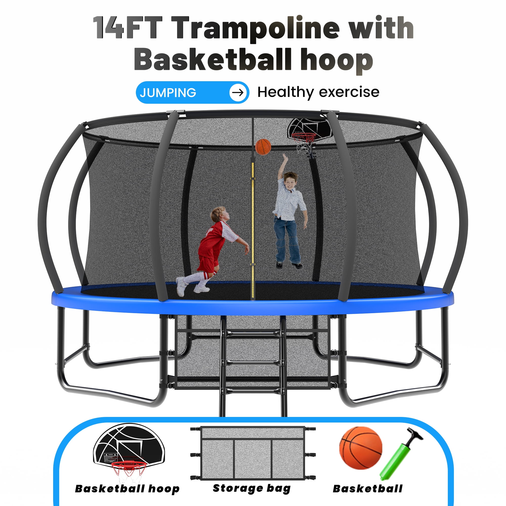 Mersco 12FT/14FT Trampoline for Kids and Adults, Pumpkin Outdoor Trampoline with Basketball Hoop,Enclosure Net and Storage Bag,Jumping Backyard Trampoline SPACE for Boys and Girls Birthday Gift,Blue