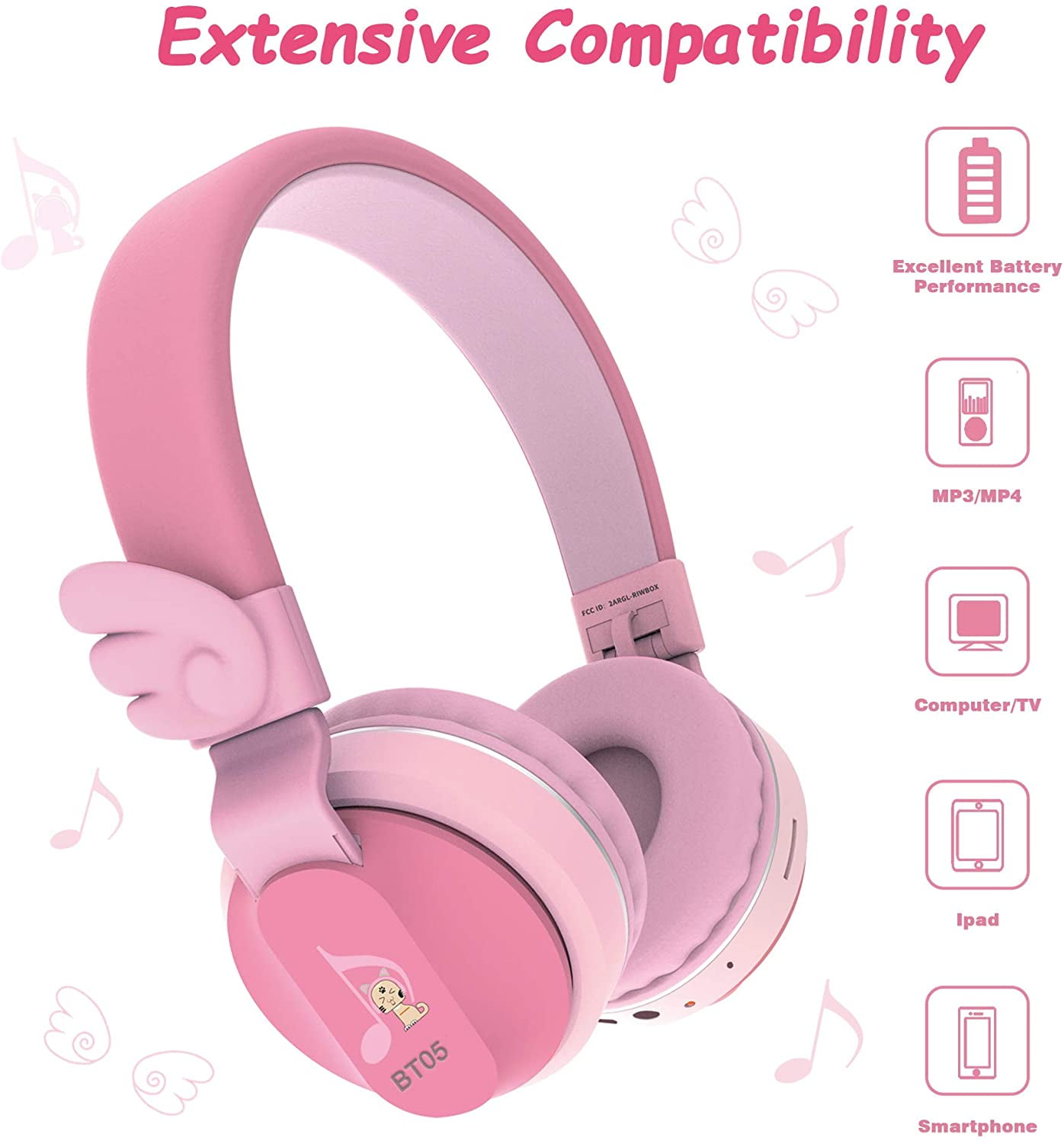 Riwbox BT05 Bluetooth Kids Headphones Wireless Foldable Headset Over Ear with Volume Limited and Mic/TF Card Compatible for iPad/iPhone/Tablet (Pink&Red)