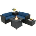 thumbnail image 3 of Patiojoy Ensemble de Mobilier de Patio Extérieur 5 Pcs avec Table de Foyer au Propane 50 000 BTU, Ensemble de Conversation en Osier PE pour Patio avec Coussins, Coffre de Rangement et Table Basse en Verre Trempé, Bleu Marine, 3 of 10