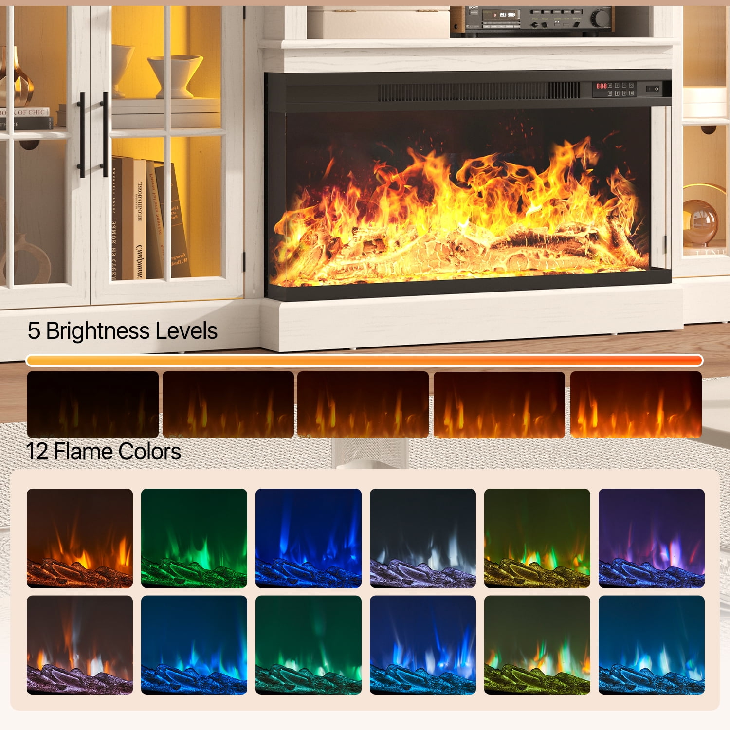 Sonegra 98" Farmhouse TV Stand with Fireplace for TVs up to 100", Media Entertainment Center with Adjustable Shelves and Large Storage Cabinets, for Living Room, White