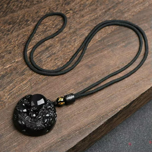 HOOUN Real Rainbow Obsidian Necklace Piyao Pendant Amulet Lucky Round Shaped Jewelry-with rope necklace