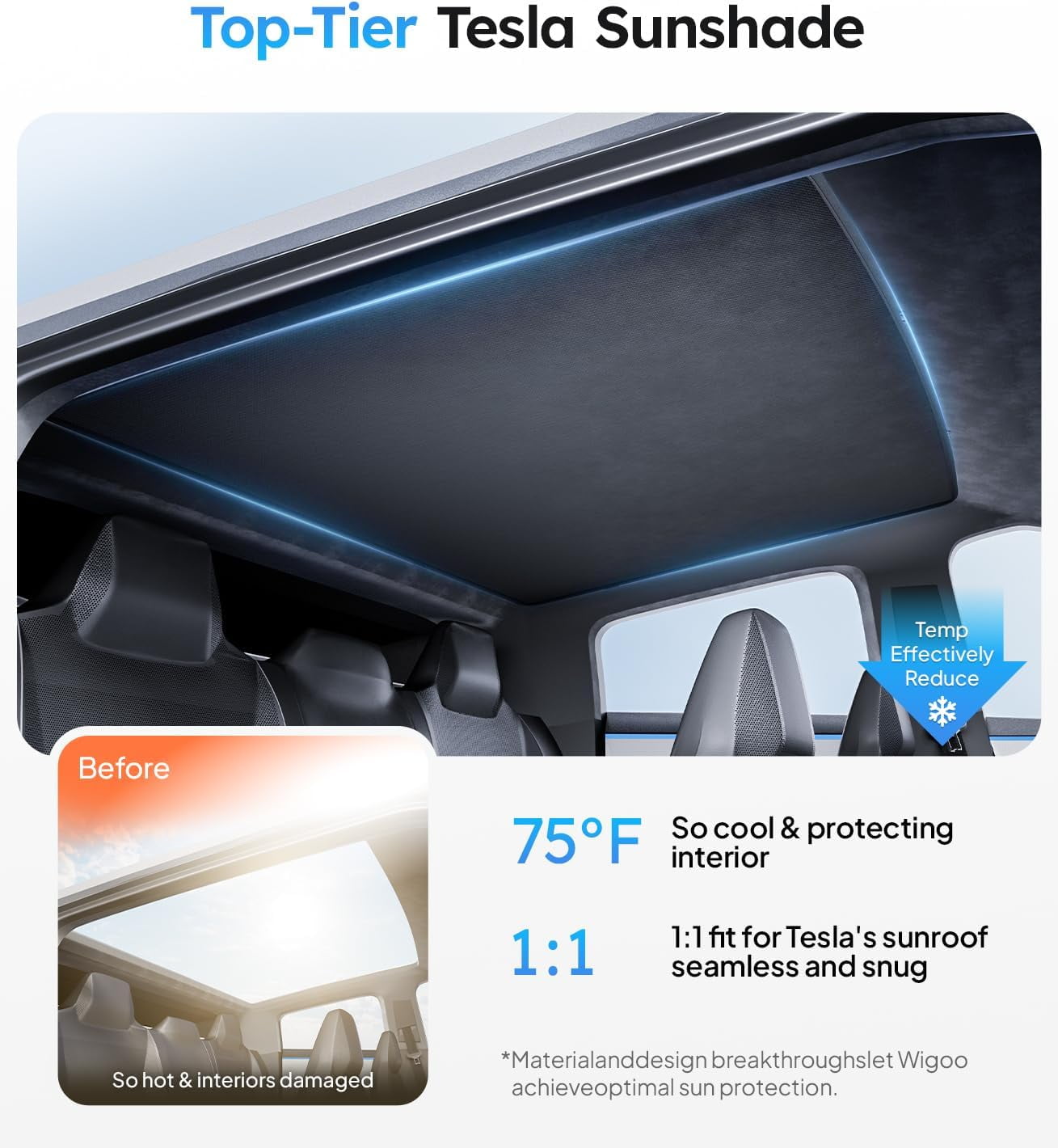 Wigoo Tesla Cybertruck Sunshade Roof [Never Sag, Nano Ice-Crystal Coatings] 3rd-Gen Heat Insulation Glass Roof Sun Shade, Accessories for Tesla Cybertruck 2023~2025, Tesla Interior Black