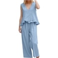 thumbnail image 4 of BRELIL Women's Two Piece Sets V Neck Sleeveless Tank Top Wide Leg Pants Casual Solid Boho Beach Loose Lounge Matching Outfits Vacation Travel Tracksuit, Sky Blue L, 4 of 9