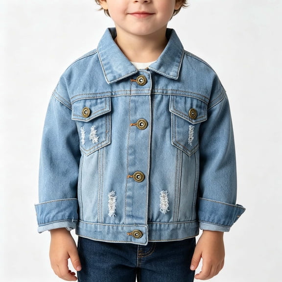 BCSIOAOI Kids Jacket,Rolled Cuff Collared Distressed Denim Jacket with Flap Pockets Light Blue 2-3t