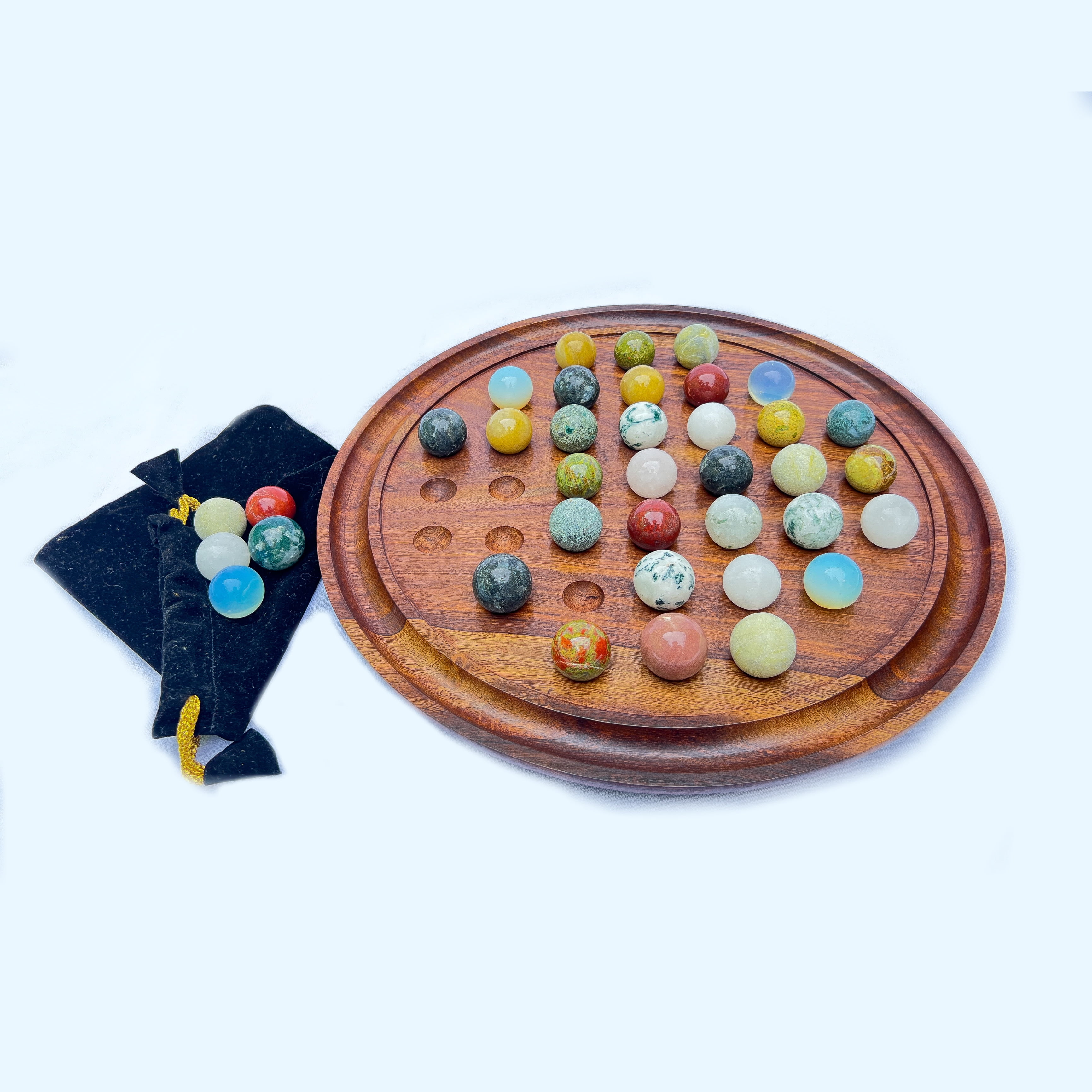 Handmade Wooden Marble Solitaire Board Game with Natural Marbles 16-inch - Classic Family Puzzle