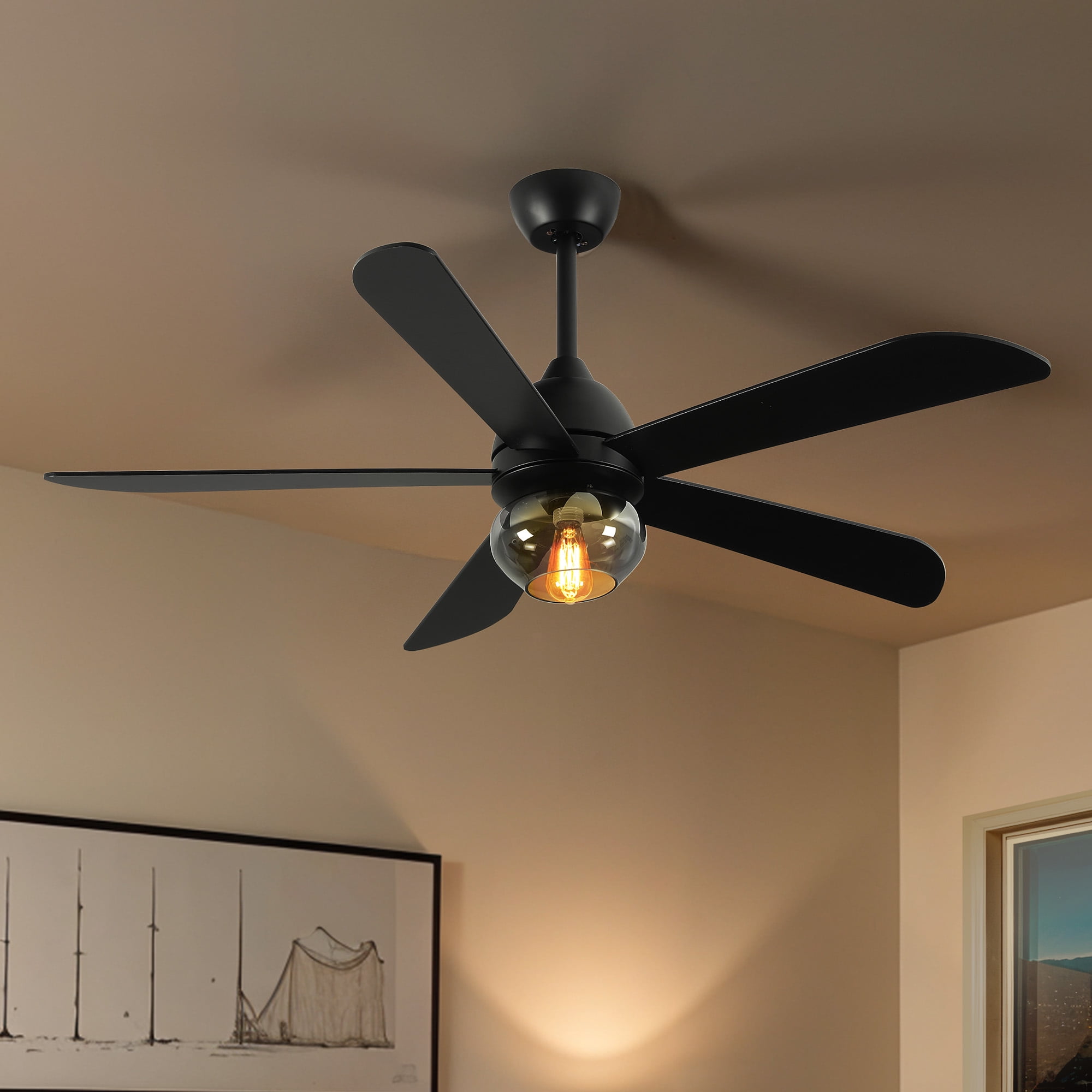 Uforic 52 inch Indoor Black Ceiling Fan with Light and Remote Control,Quiet 6-Speed Reversible DC Motor, 5 Blades for Living Room, Bedroom