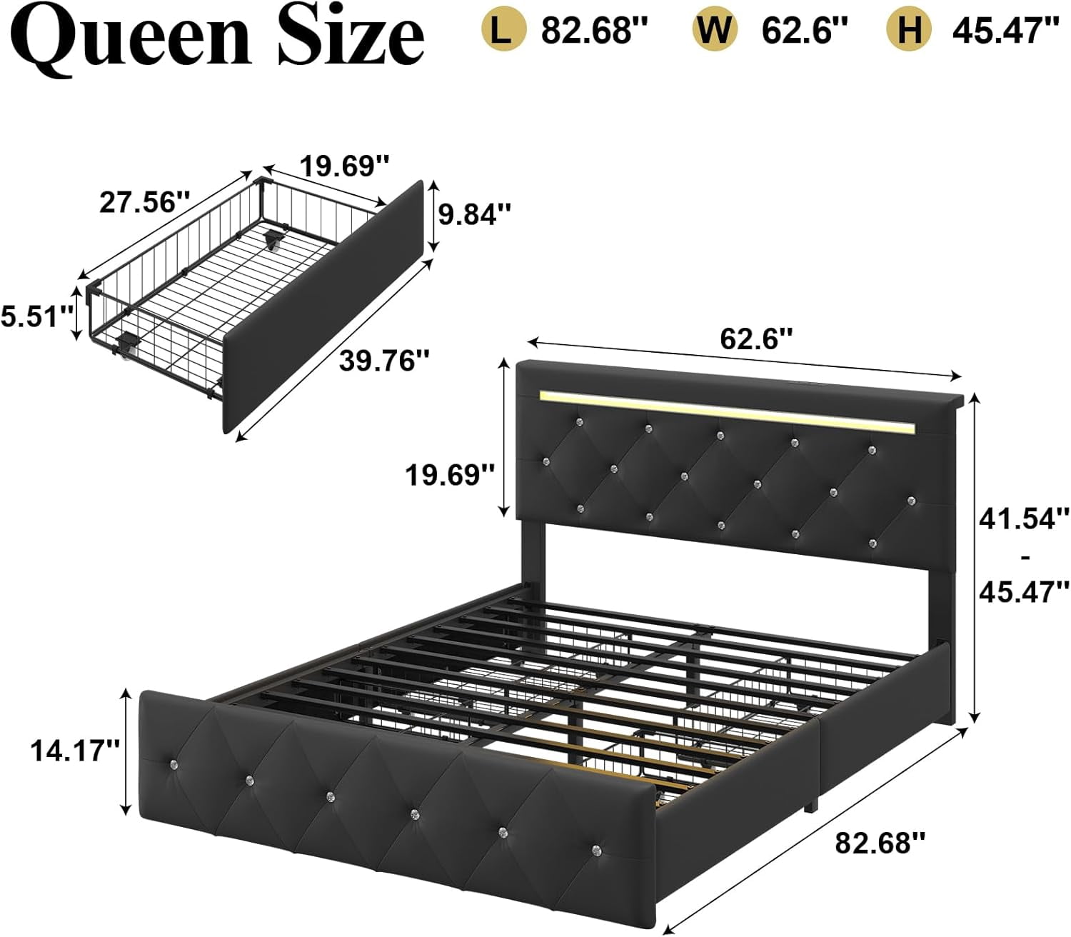 Gewnee Queen‑Size PU Upholstered Bed Frame, 4 Large‑Capacity Drawers, 4‑in‑1 Charging Station, Adjustable Headboard, Adjustable Color, for Bedrooms, No Box Spring Required, Black