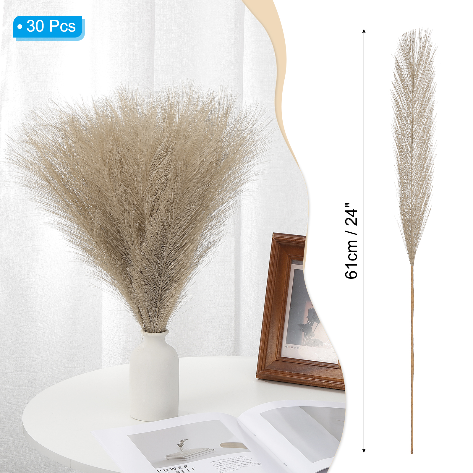Uxcell 24" Pampas Grass Decor 30Pcs Artificial Pampas Grass Bulk Fluffy Faux Pampas Grass Small Dried Brown