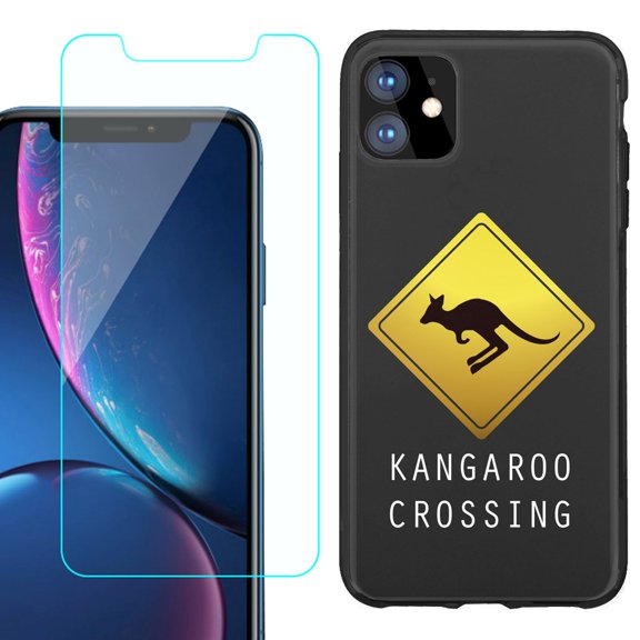 For Apple iPhone 11 Phone Case , Slim-Fit TPU Protective Case (Black), with Tempered Glass Screen Protector, by OneToughShield ® - Road Sign Kangaroo