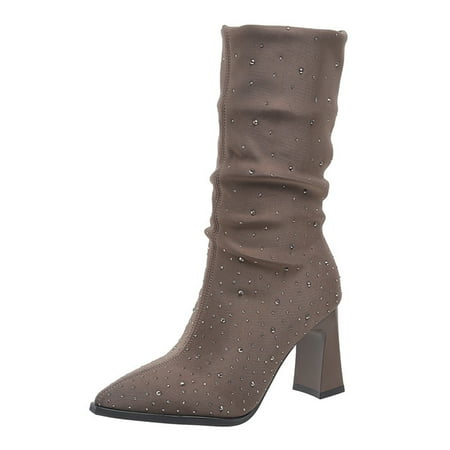 

Qufokar Boots for Women Calf High Women Thigh High Boots No Heel 2022 New European And American foreign Trade Fashion Heeled Pointed Rhinestones Shiny And Thin Mid Tube High Heeled Shoes