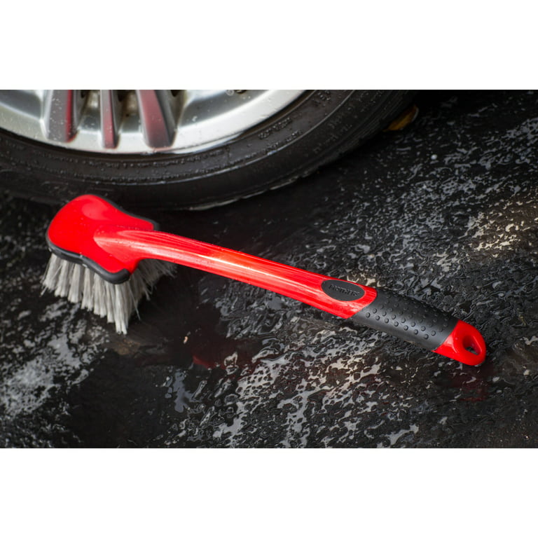 Mothers Car Wash Brush, Wheel and Fender Brush, Short Handle Tire Cleaner  for Car Detailing, 10 Inch, Red/Black