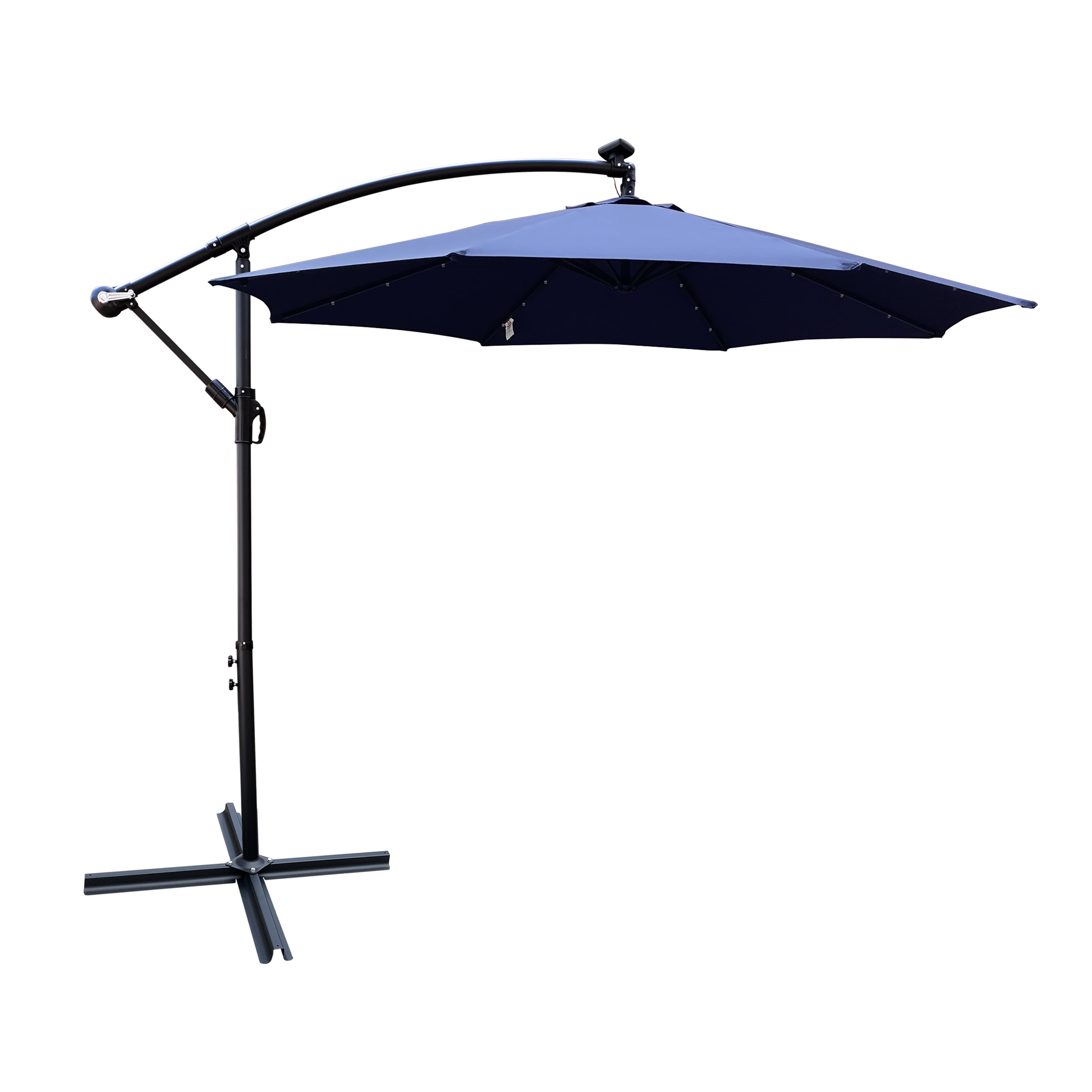 10 FT Round Outdoor Patio Umbrella, Solar LED Lighted Waterproof Sun Shade Umbrella with Stable Base, Navy Blue