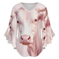 thumbnail image 5 of Pink Highland Cow Women's V-Neck Blouse With 3/4 Ruffled Bell Sleeves Casual Top Ladies Blouses, 5 of 7