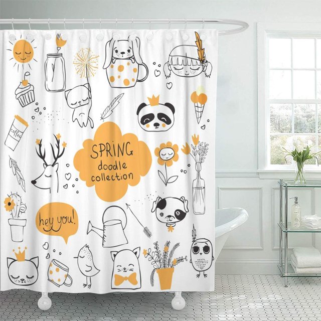 ABPHQTO Colección Spring Doodle Simple Animales lindos Pájaros Flores Cortina de ducha de baño perfecta para niños 165x180 cm ABPHQTO PKNMT66x72Shower-7834