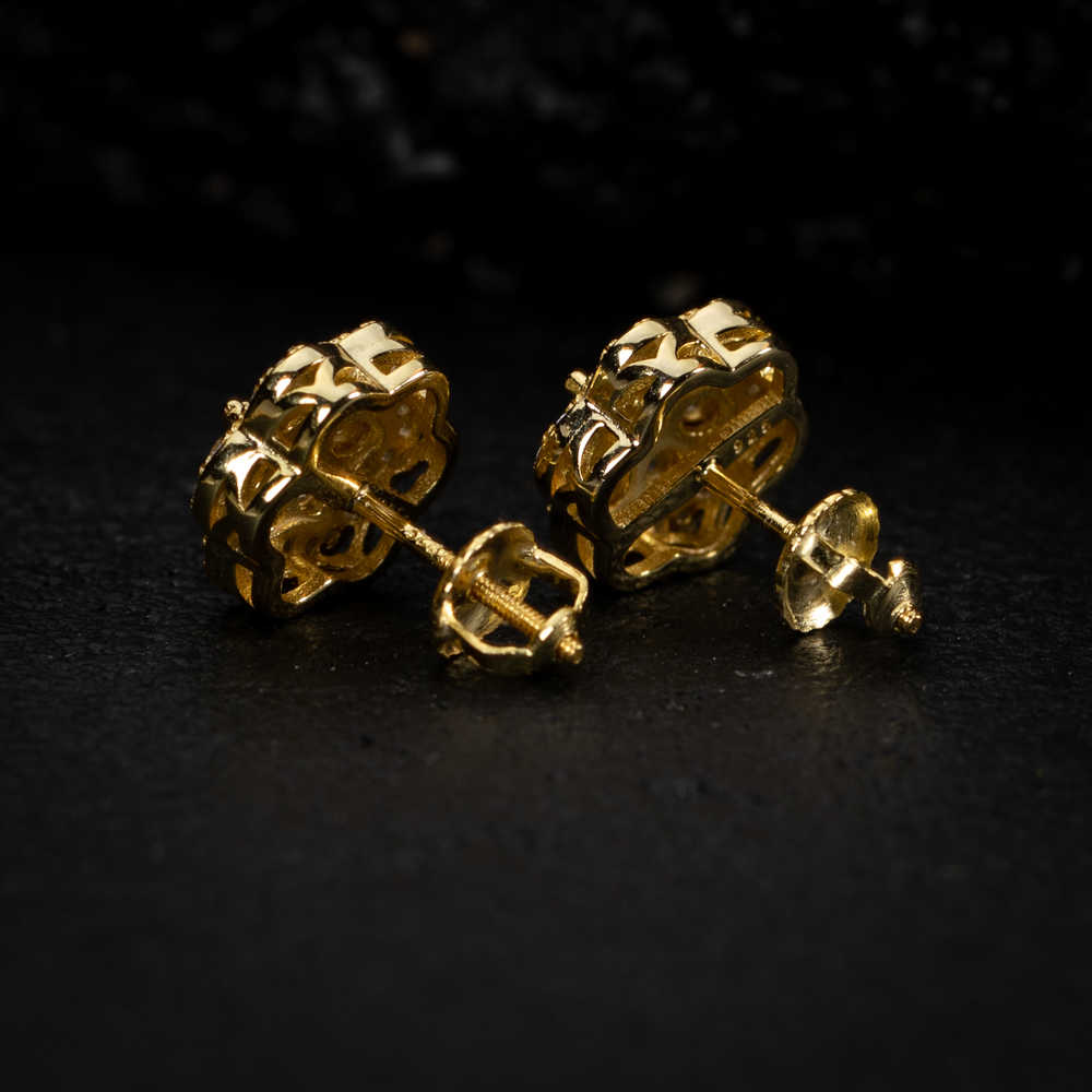 Hip Hop Big 14K Yellow Gold Plated 925 Sterling Silver Screw Back Post Large Iced CZ Round Flower Cluster Circle  Stud Earrings