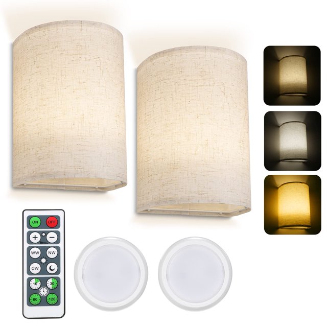 Juego de 2 apliques de pared, lámpara de pared con pantalla de tela de 3 colores, luces de pared regulables con control remoto para dormitorio y sala de estar