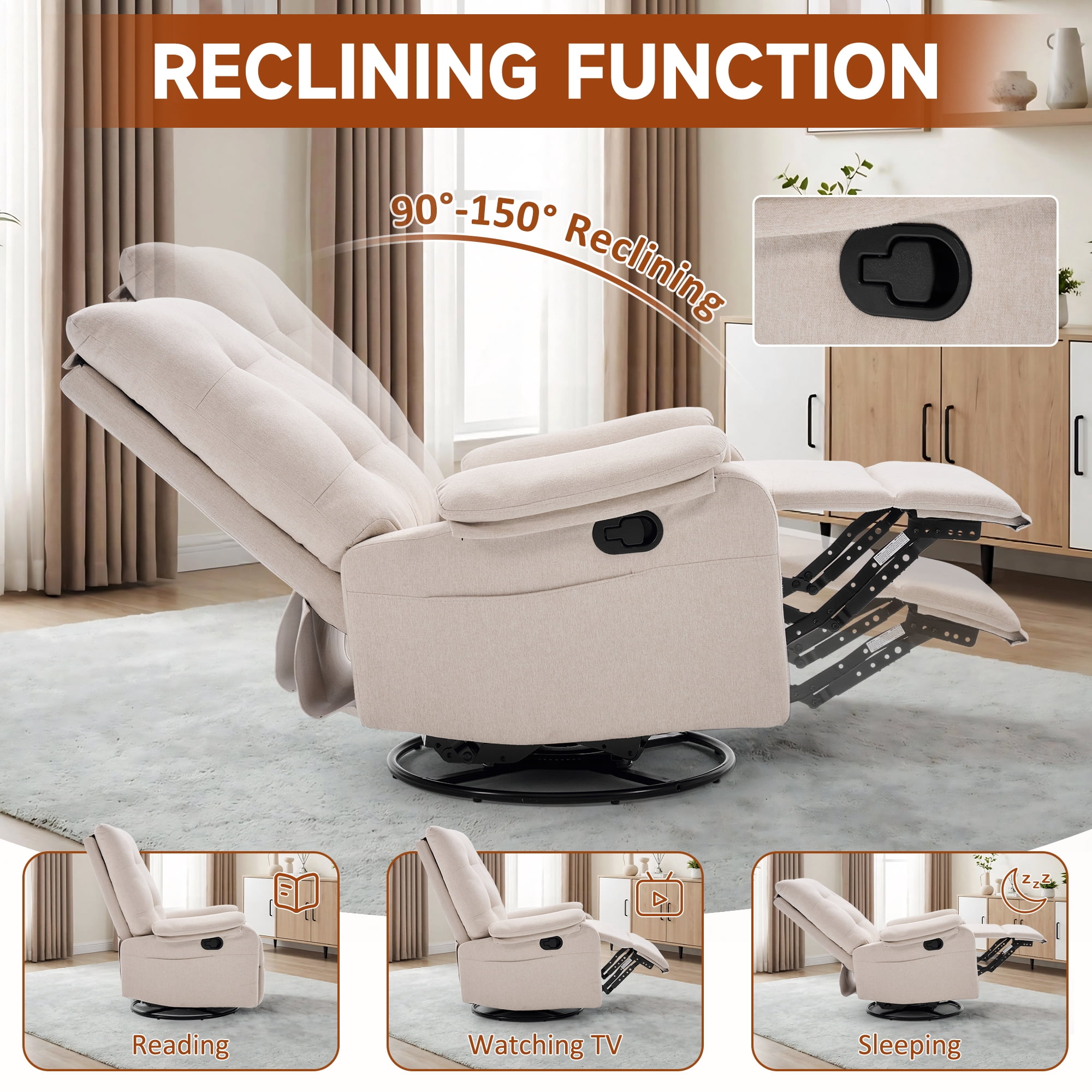 GEEYOO 360°Swivel Rocker Recliner Chair for Adults with Side Pockets,Small Recliner Chair for Small Spaces,Modern Swivel Glider Recliner for Living Room,Linen,Beige