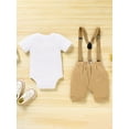 thumbnail image 2 of Zehjuhan Infant Baby Girls Boys Casual Style First Birthday Outfit, Funny "Wild One" Print With Bow Tie, White Romper Bodysuit, And Khaki Shorts With Suspenders Set, 2 of 8