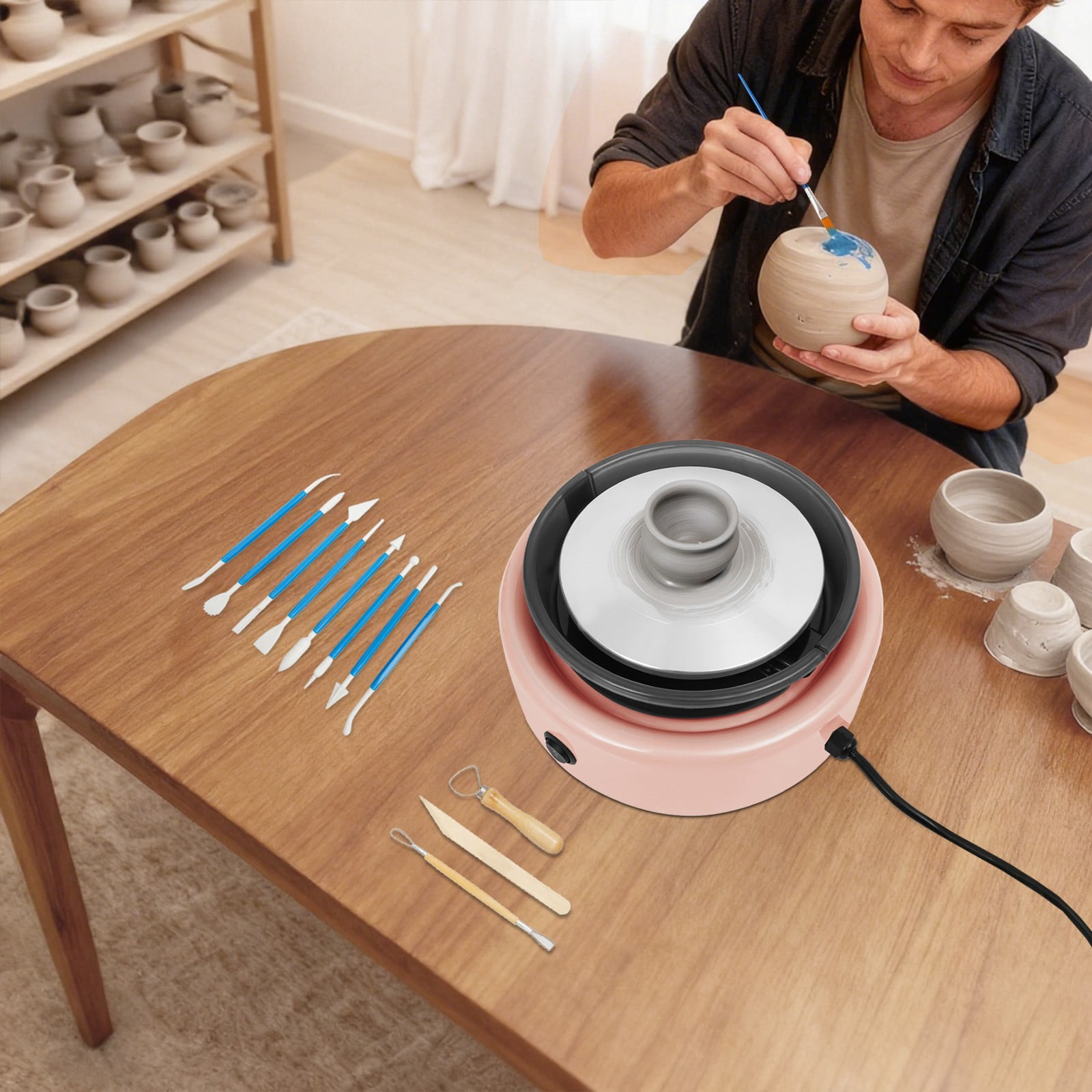 Ceramic Drawing Machine, Adjustable Speed Pottery Wheel with Foot Pedal and Direction Switch, Pink Electric Ceramic Machine for Home Use