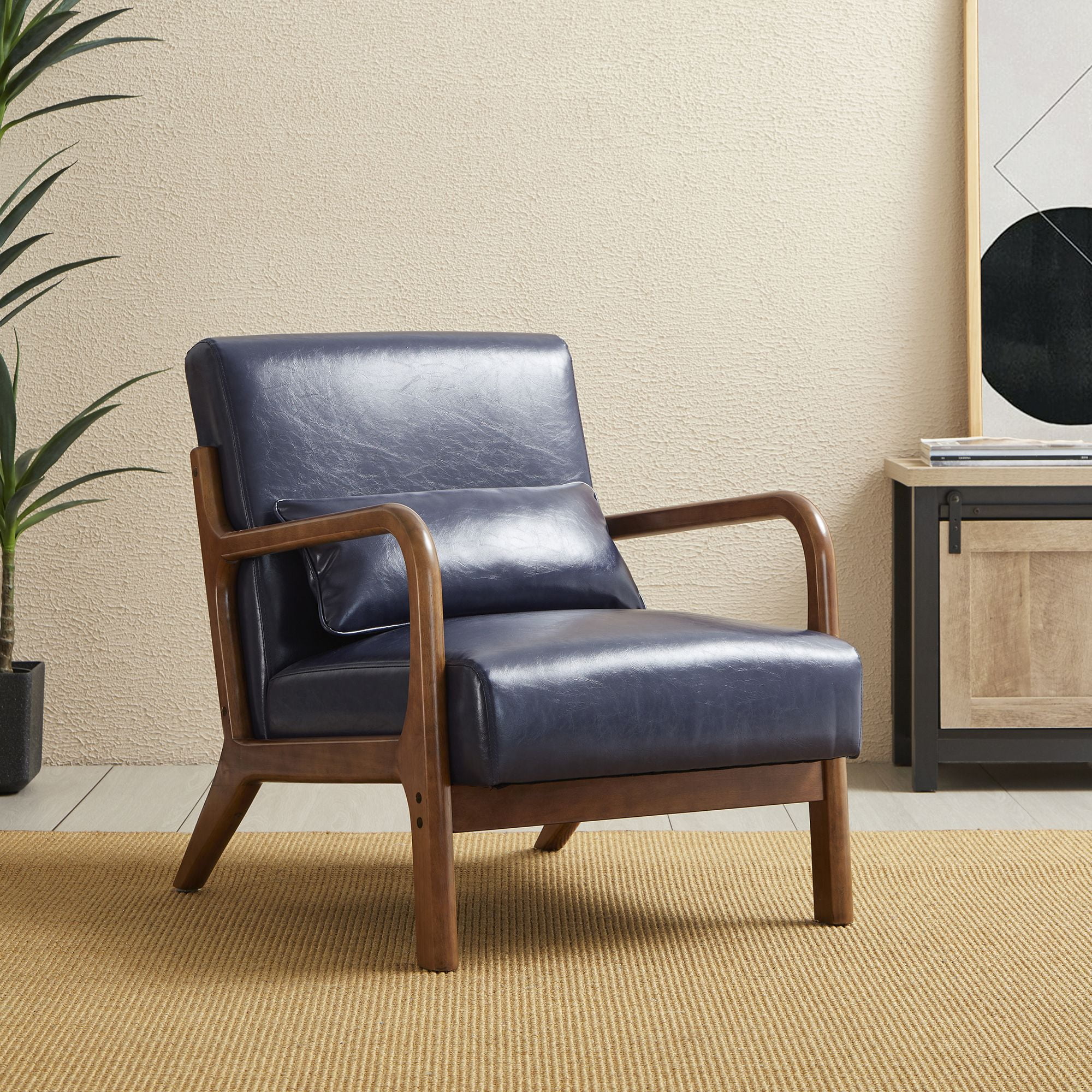 Navy Blue Faux Leather Mid-Century Modern Accent Chair with Walnut Wood Frame