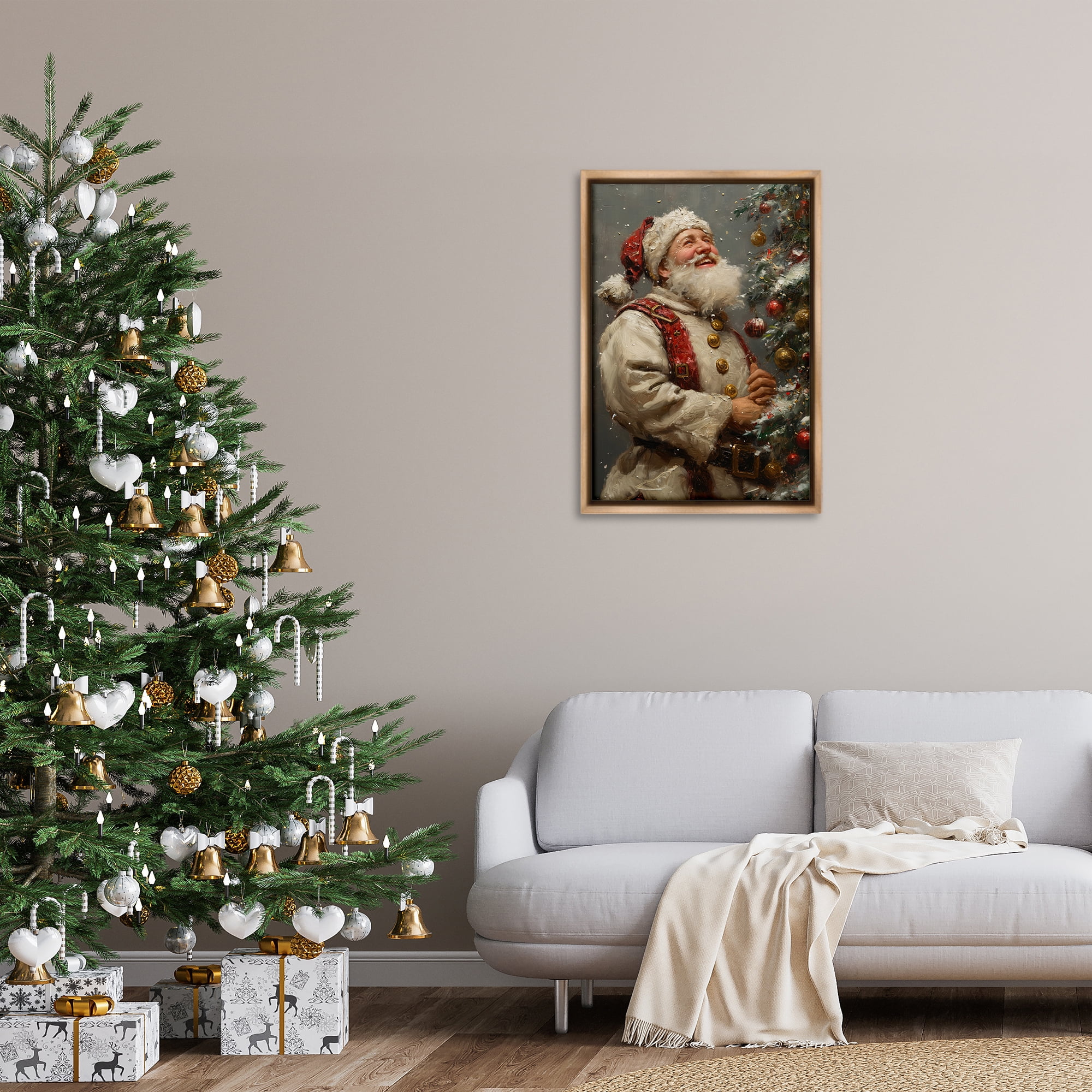 Stupell Industries Happy Santa & Tree Holiday Painting Brown Floater Framed Art Print Wall Art, 21 x 31