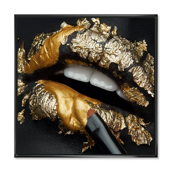 Designart 'Female Lips With Black Leather and Gold Foil' Modern Framed Canvas Wall Art Print