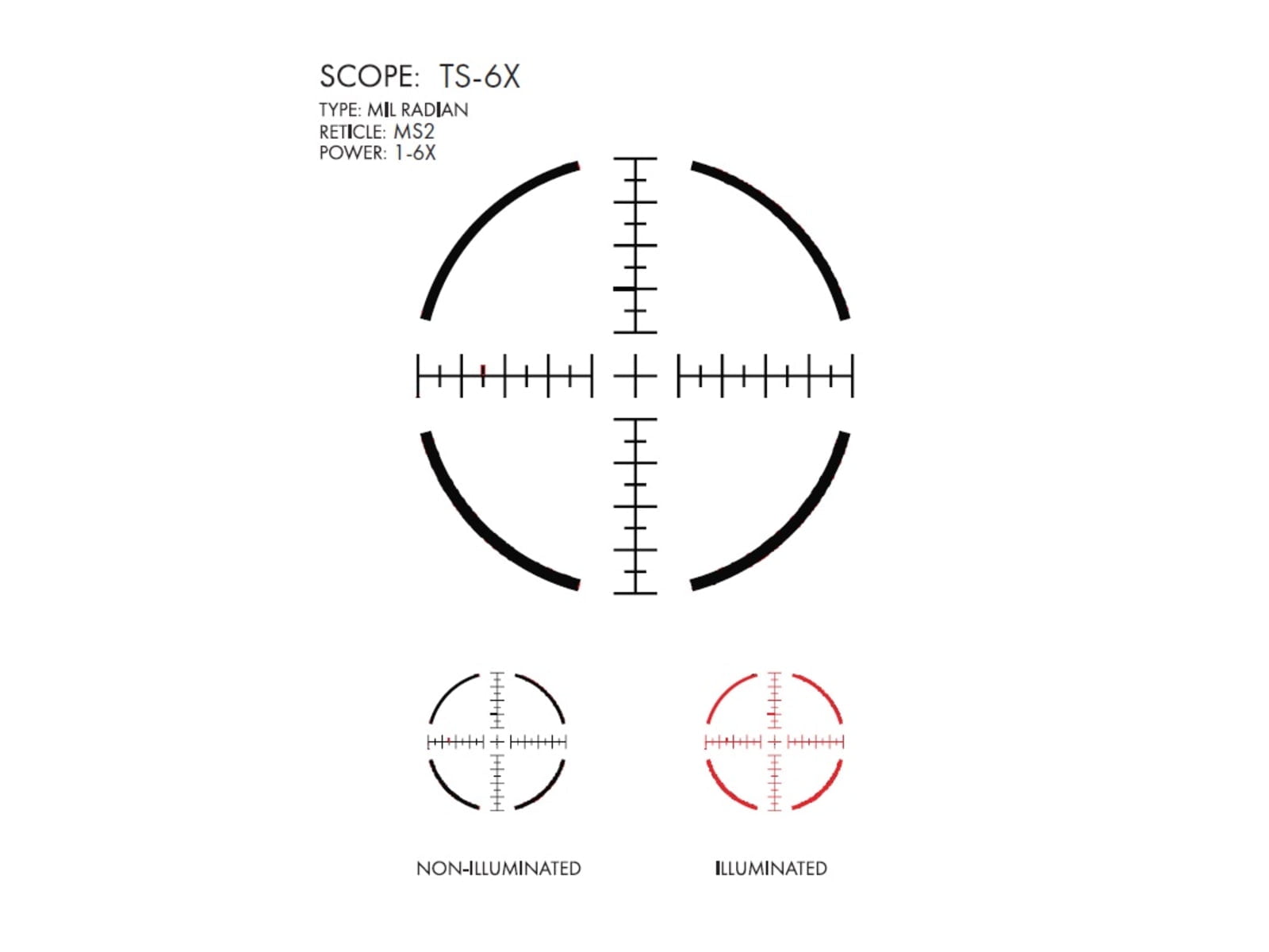 U.S. Optics 1-6x24 TS-6X 30mm Riflescope Matte, MS2 (Red), 1/4 MOA Adjustments, 1/p