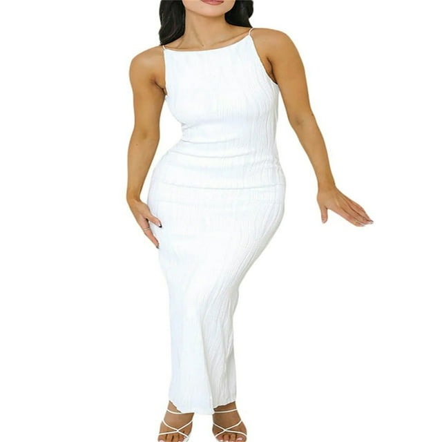 Femmes Bodycon Robes Spaghetti Sangle Sans Manches Serré Robe Longue Slit Club Partie Robe Blanche