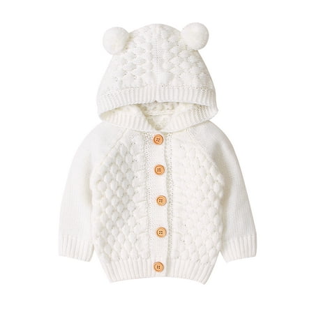 

Calsunbaby Newborn Baby Girls Boys Knit Cardigan Ear Hooded Sweater Infant Button-Down Cotton Outwear White 0-6 Months