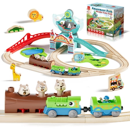 Train Set Wooden Train Set for Kids Train Toys for Toddlers Wooden Train Tracks for Kids 2 3 4 5+ Years Old Amusement Park Theme B Great Gift for Boys Girls - Compatible with Other Brands