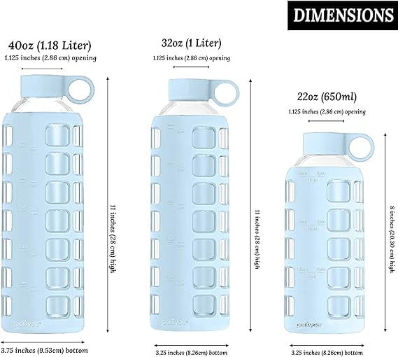 purifyou Premium 40/32/22/12 oz Reusable Borosilicate Glass Water Bottles with Time and Volume Markings, Non-Slip Silicone Sleeve & Stainless Steel Lid Insert (40oz Ice Blue)