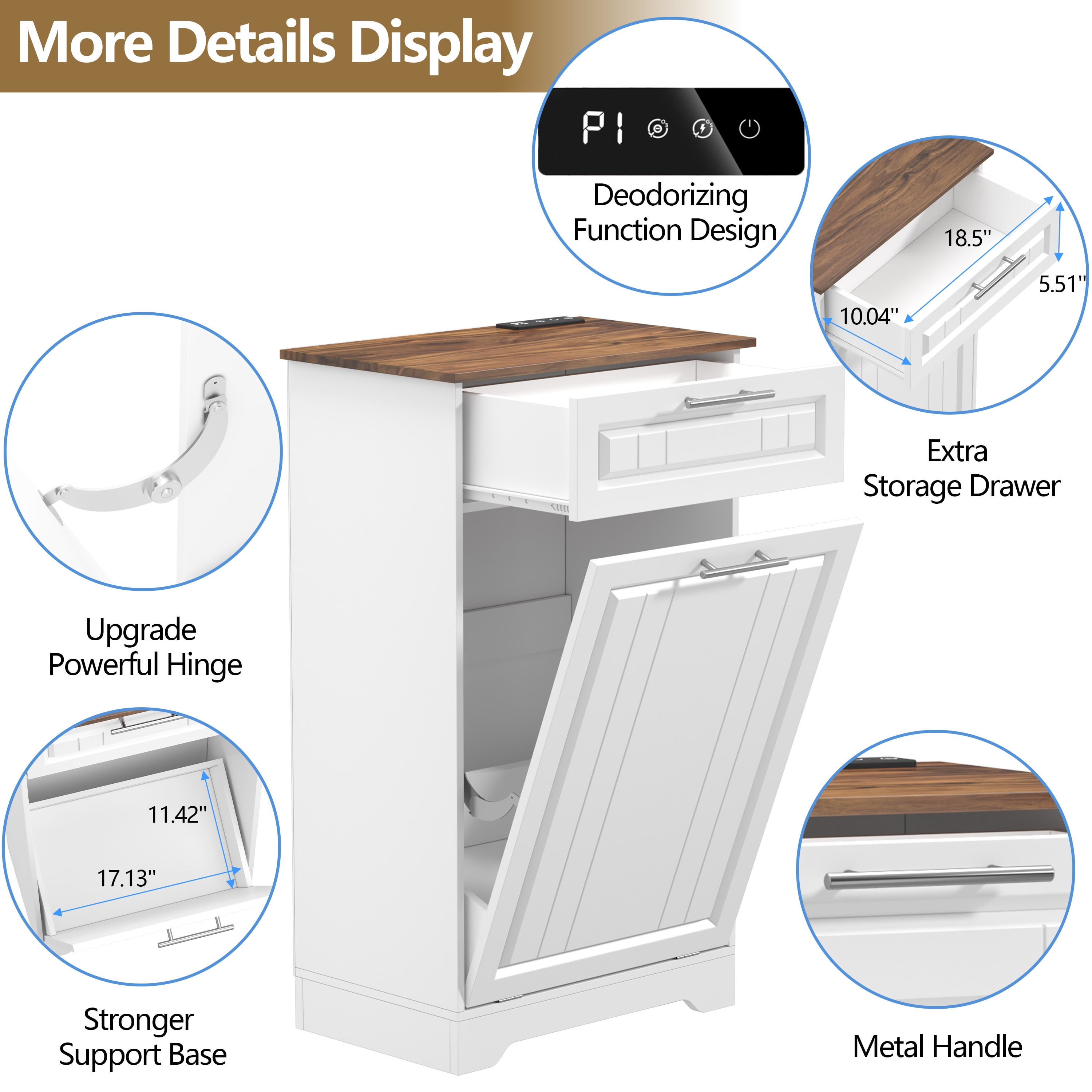 Single 10 Gallon Tilt Out Trash Can Cabinet with Deodorizing Function, Wooden Hidden Garbage Can Holder with Storage Drawers for Kitchen and Dining Room, Laundry Hamper Cabinet for Bathroom, White