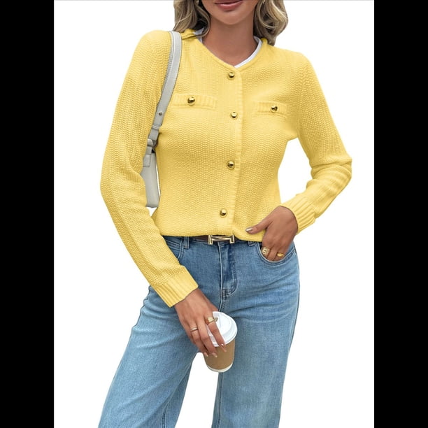 Suéteres Tipo Cárdigan de Punto para Mujer, de Principios de Otoño, de Larga, con Abertura Frontal y Botones, Chaqueta Corta Informal de Moda. Amarillo L